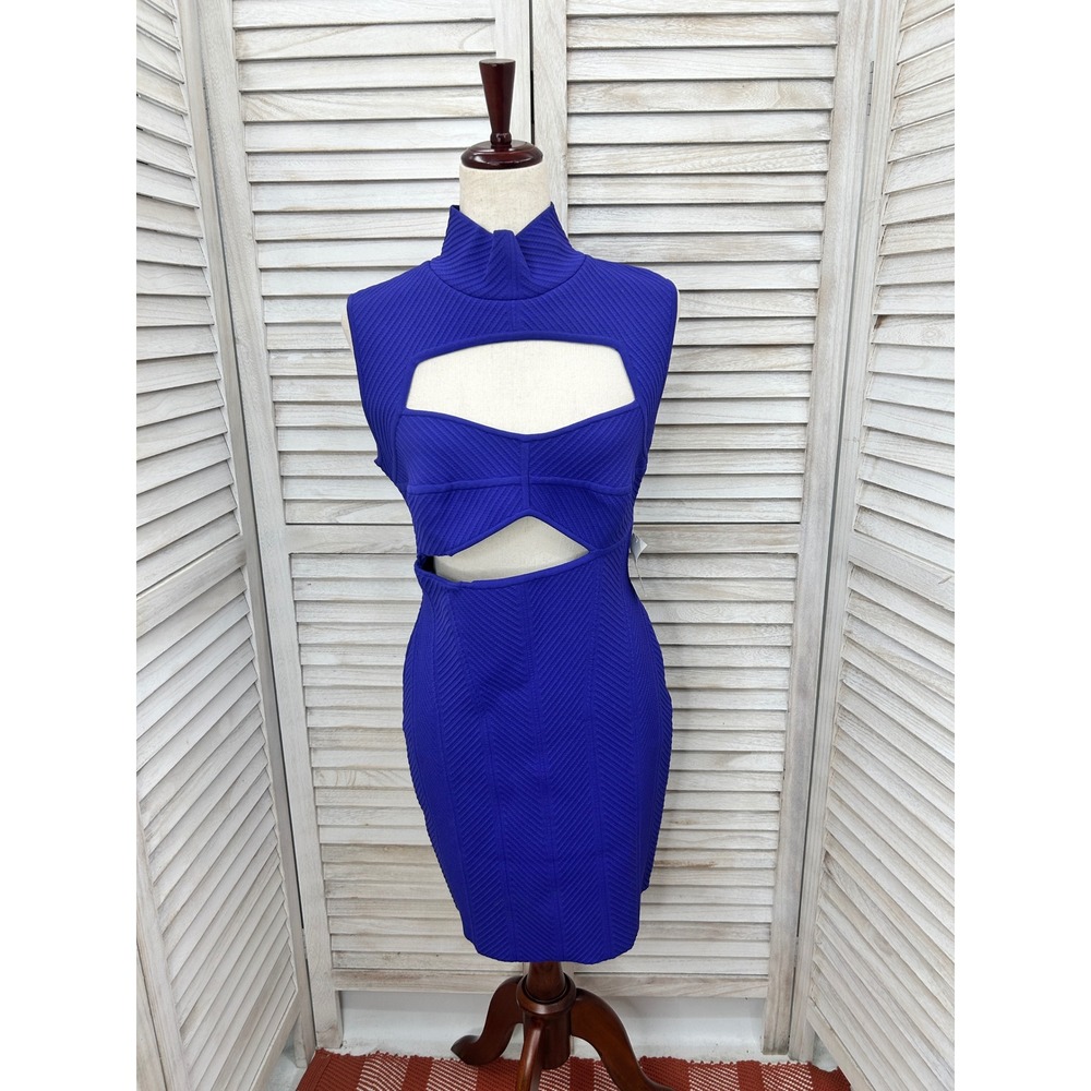 NWT Herve Leger Bandage Dress Large Iris Blue Cut Out Goth Clubwear Party FLAW